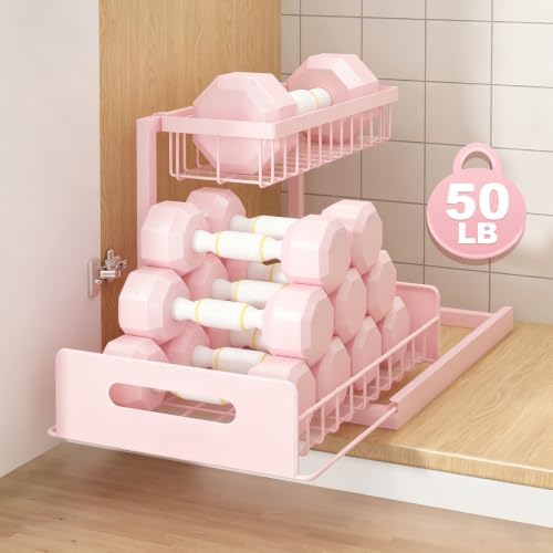 REALINN Pink Under Sink Organizer, 2 Tier Slide-Out Kitchen Cabinet Shelf - Image 4