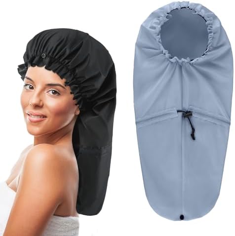 2 Pcs Large Shower Cap for Braids, Extra Long Shower Cap for Women Long Hair & Locs, Waterproof Hair Bonnets for Dreadlocks Drawstring Bath Caps for Women & Men (Black, Grey) by Unknown