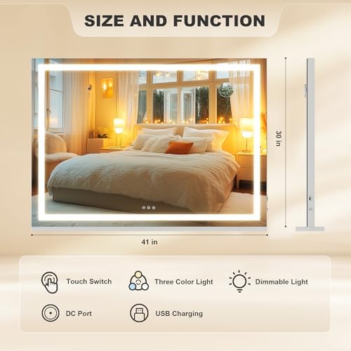 Hasipu Vanity Mirror with Lights, 42" x 30" LED Makeup Mirror, Lighted Makeup Mirror with Dimmable 3 Modes, Touch Screen Control Vanity Mirror Square White - Image 2