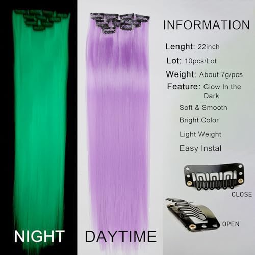 Ms Aloe Glow in the Dark Hair Extensions Light Purple Clip in Hair 22inch Synthetic Straight Hair Clip in Luminous Colored Hair Extensions for Women (10pcs Purple) - Image 3