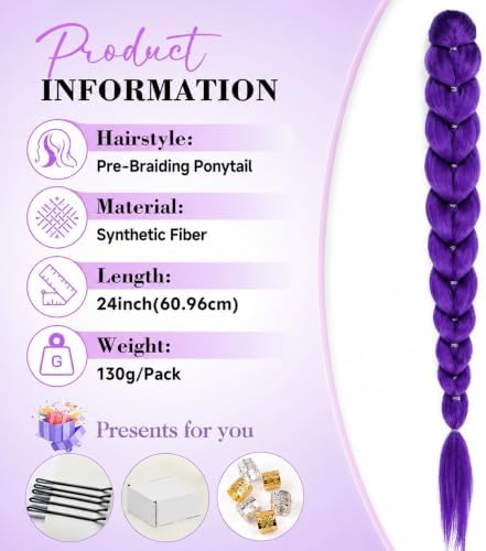 Getgal 24 Inch Purple Braiding Hair with Sturdy Claw Clip, Segmented Pre-Braided Synthetic Purple Hair Extensions for Girls, Halloween Party Cosplay & Daily Play for Kids(Pack of 1) - Image 2
