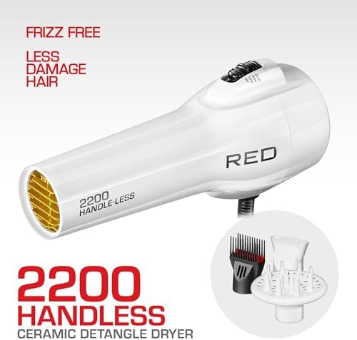 Red by Kiss Handle-Less Ceramic Tourmaline Hair Dryer, 1875W Ergonomic Grip, White, Includes 3 Attachments, For Detangling, Straightening, and Frizz-Free Shine - Image 2