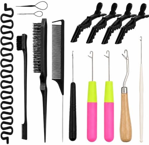 Nalexmi Crochet Hooks for Hair, Latch Hook Crochet Needle Set for Braiding, Locs, Dreadlocks and Passion Twist Extensions, with Tail Comb and Duckbill Hair Clips, Pink Styling Kit (15, Black) by Nalexmimeetyousweet