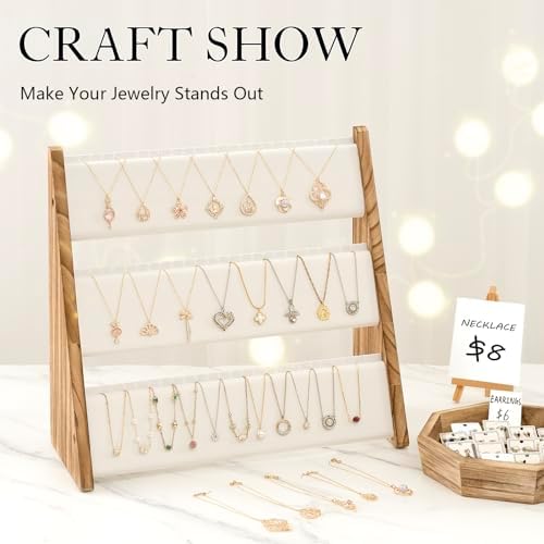 Necklace Holder, 3 Tier Necklace Organizer Stand with White Velvet, Wood Necklace Display Stands for Selling, Jewelry Display Stand for 72 Necklaces Bracelets (2 pack) - Image 2
