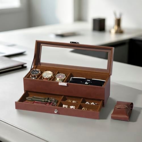 Watch and Sunglasses Box, 3 Slots, Glass Lid and Drawer for Men - Image 3