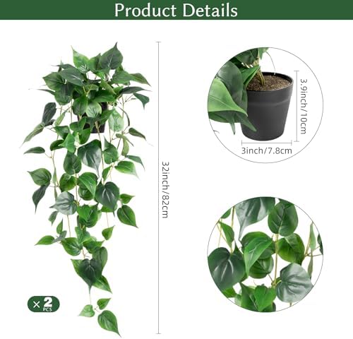 Fake Hanging Plants with Pots - Realistic Artificial Plant for Indoor Outdoor, 33In Silk Fake Potted Plants, 2PC Faux Ivy Vine for Shelf Tabletop Office Decor, Dark Green - Image 3