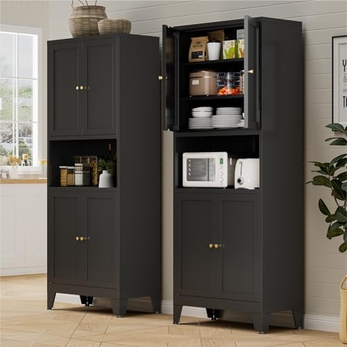 Bevivog Tall Pantry Cabinet with Microwave Shelf, 69" Metal Storage Cabinet with 4 Doors and Adjustable Shelves,Freestanding Metal Kitchen Hutch Cabinet, Black Pantry Closet Storage Shelves with Doors - Image 4