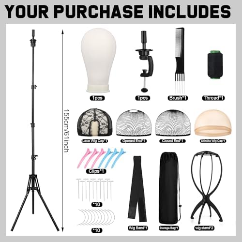 ProSuites 22 Inch Canvas Mannequin Head with 61" Adjustable Wig Stand Tripod, Wig Set of 40 PCS with Wig Holder, Caps, Elastic Bands, T/C Pins Tool Kit for Wigs Styling Making Display - Image 7