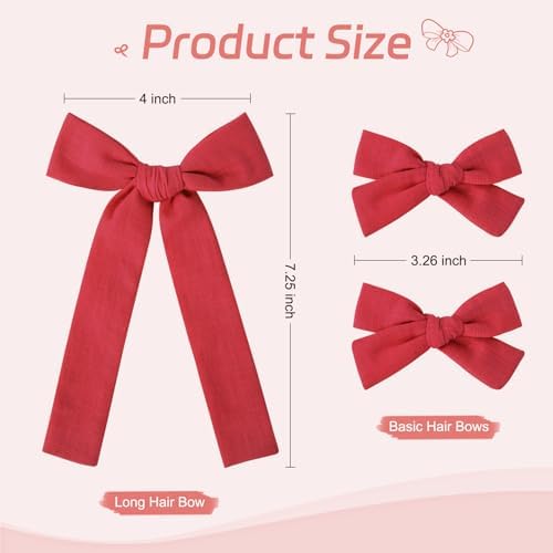 DEEKA Cotton Linen Hair Accessories Set: Red Hair Bows & Ponytail Knot Bows in 2 Sizes, Alligator Clips for Toddlers & Little School Girls - Image 3