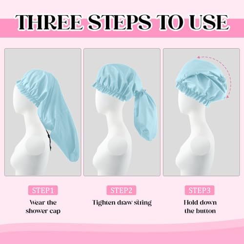 2 Pcs Large Shower Cap for Braids, Extra Long Shower Cap for Women Long Hair & Locs, Waterproof Hair Bonnets for Dreadlocks Drawstring Bath Caps for Women & Men (Pink, Light Blue) - Image 4