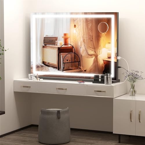 Hasipu Vanity Mirror with Lights, 32" x 24" LED Makeup Mirror, Lighted Makeup Mirror with Dimmable 3 Modes, Touch Screen Control Vanity Mirror Square Black - Image 6