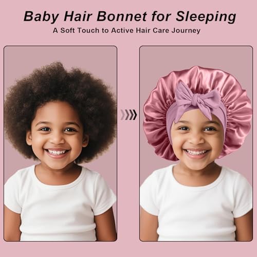 3 Pcs Kids Silk Bonnet for Sleeping-Baby Kids Satin Hair Bonnet for Curly Hair Girls Boys with Wide Elastic Band,Sleeping Cap for Teens Toddler (Rose Gold+Hotpink+Purple) - Image 5
