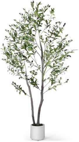Artificial Olive Tree Indoor 5FT, 59" Tall Faux Olive Tree w/White Planter by JOCOEVOL