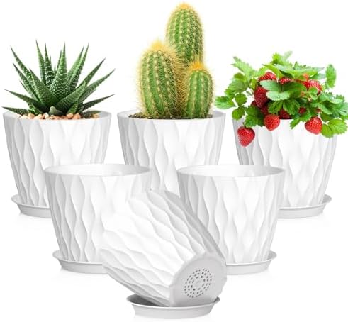 Meowell 5 inch Plant Pots for Indoor Outdoor Plants, 6 Pack Thick Nursery Pots with Drainage Holes and Saucers, 3D Modern Wave Texture Small Plastic Planter Flower Pots for Succulent, Herb, White by Meowell