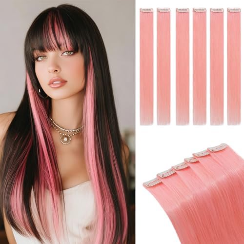 Rich Choices Real Human Hair Clip In Extensions-6 Pcs Single Clip Design-Invisible Clip in Extensions for Thin Hair-Hairpieces for Women/Men-14 Inches Pink-Halloween Hair Decorations by RichChoices
