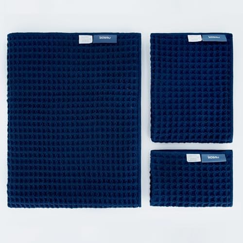 Luxury Organic Japanese Cotton Waffle Bath Towel | Thick, Absorbent, Quick Dry Bathroom Towels for Shower, Sauna, Onsen| Hotel & Spa Quality, Gift-Ready (Ocean Blue, Bath Sheet Set (3-Piece)) by KOSMU