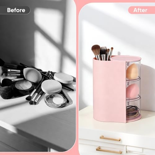 3-Tier Rotating Hair Accessories Organizer, 360° Spinning Storage Stand for Makeup Brushes and Jewelry, Compact Vanity Display Case for Girls, Holds Hair Clips, Earrings, Rings, Bracelets(Pink) - Image 4
