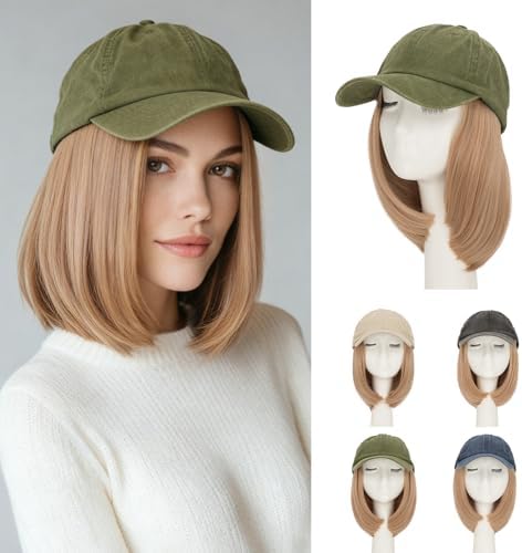 Rich Choices Hat Wigs for Women,Olive Green Baseball Cap with Hair Extensions for Women,Short Bob Hairstyle Caps with Synthetic Hair Attached Adjustable Baseball Cap Wig 6 Inch Light Blonde Hair by RichChoices
