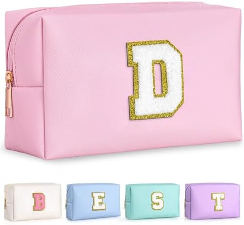TOPEAST Preppy Small Makeup Bag, Chenille Letter Pouch Cosmetic Bag With Zipper, PU Leather Waterproof Toiletry Bag, Personalized Birthday Gift for Women, Cute Stuff for Girls (Pink D) by TOPEAST