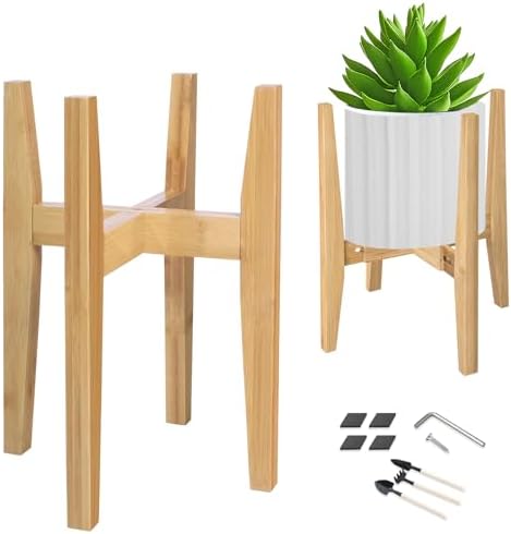 OERGKE Adjustable Plant Stand Indoor, Bamboo Mid Century Modern Plants Stands, Corner Flower Holder for Living Room, Fits 8 to 12 Inches Pots, (Pot & Plant Not Included)(Nature, 1 Pack) by OERGKE