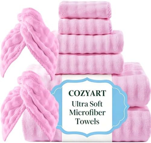 COZYART Lint Free 8 Pcs Bathroom Towels Set Ultra Soft Microfiber Pink by COZYART