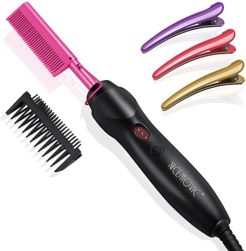 NICEMOVIC Ceramic Heating Hair Straightener Comb - Hot Pressing Brush for Natural Black Hair, Beard Wigs, and Curling (Pink) by NICEMOVIC