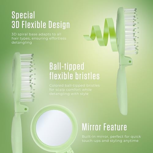 Mini Detangler Travel Hair Brush with Mirror, Makaron Hair Brushes for Women, Men and Kids, Unique 3D Flexible Design for All Hair Types, Styling Accessory, Travel Essentials for Women (GREEN) - Image 2