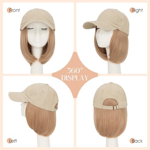 Rich Choices Hat Wigs for Women,Khaki Baseball Cap with Hair Extensions for Women,Short Bob Hairstyle Caps with Synthetic Hair Attached Adjustable Baseball Cap Wig 6 Inch Light Blonde Hair - Image 5
