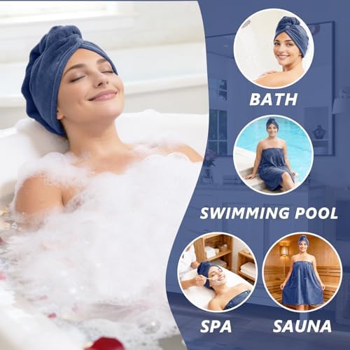 Women's Adjustable Microfiber Bath Towel Wrap with Hair Towel - Blue - Image 5