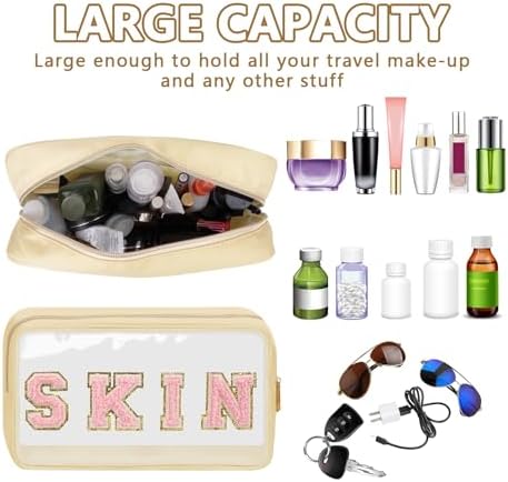 Iqimott Clear Patch Makeup Bag Skin Pouch, Preppy Personalized Chenille Letter Cosmetic Pouch for Travel, Nylon Waterproof Organizer Skin Care Zipper Toiletry Bags for Women Girls(Beige) - Image 4