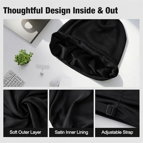 2PCS Silk Bonnet for Sleeping for Hair, Satin Lined Sleep Cap for Women Men, Adjustable Beanie Hair Wrap (03 Black/Black) - Image 4
