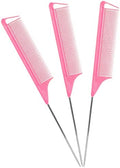 Rat Tail Combs Set - 3 Pack Long Steel Pin Combs for Hair Stylists, Parting and Teasing, Great for All Hair Types (Pink) by Kunihiko
