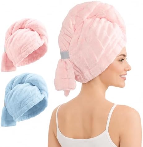 REDKISS 2 Pack Microfiber Hair Towel Wrap for Women, Super Absorbent Quick Dry Hair Turban for Thick Long Curly Hair, Large Stay-Put Anti-Frizz Hair Drying Towels, Pink Blue Gray by REDKISSOnline