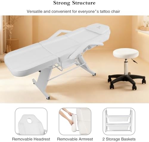 Facial Chair,73″ Tattoo Chair for Client,3-Section Adjustable Massage Table with Stool,Multipurpose Beauty Beds Salon Equipment for Esthetician,Tattooshop,Spa (White) - Image 5