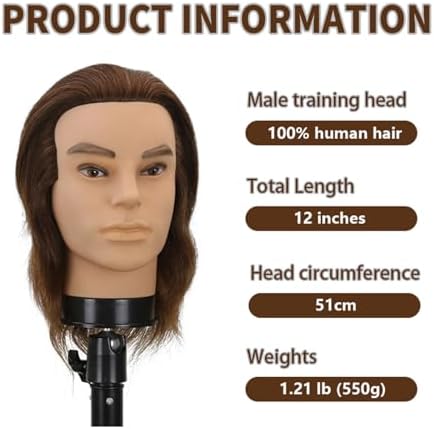 12" Barber Mannequin Head Male 100% Real Hair Mannequin Head with Human Hair Styling Practice Doll Head for Practicing Haircut & Hairdresser Manikin Doll Head With Free Clamp Stand(Without beard4#) - Image 3