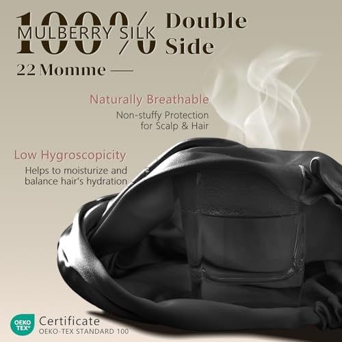 ZIMASILK 22 Momme 100% Mulberry Silk Bonnet for Sleeping Women, Black - Image 2