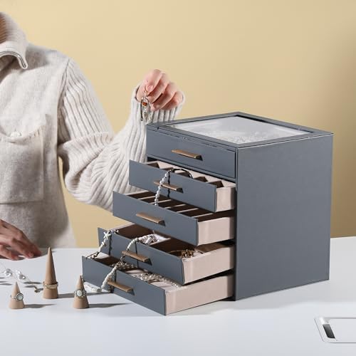 Frebeauty Jewelry Box for Women,Clear Lid Jewelry Organizer with 5 Drawers - Image 2