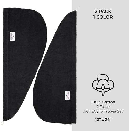 American Soft Linen 100% Cotton Hair Towels for Women, Head Towel Cap, Cotton Hair Turban Towel Wrap for Long Curly Anti Frizz Hair, Soft and Absorbent Cotton Hair Towels 2 Pack, Black - Image 4