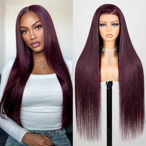 Glueless 6x5 Lace Closure 99J Burgundy Wig 30 Inch Straight by Megalookhair