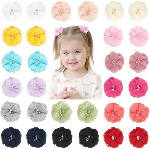 DED 30PCS 2" Chiffon Flower Hair Bows Clips with Rhinestone Pearl for Kids by DED