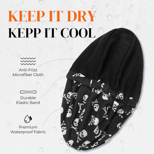 Shower Cap for Men Skulls Bath Cap, Reversible Large Waterproof Adjustable Shower Caps Terry Lining & Elastic Band Stretch Hem Hair Hat - Image 2