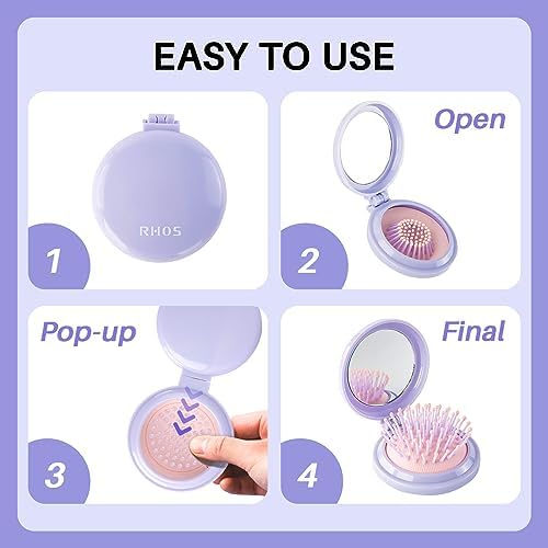 RHOS Hair Brush with Mirror for Women, Girls - Compact Folding Brush with Soft Nylon Bristles and Mirror - Portable Hair Brush for Travel (Purple) - Image 5