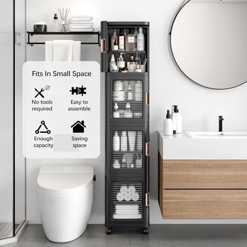 VECELO 4-Tier Narrow Storage Cabinet with Wheels, Black - Image 3