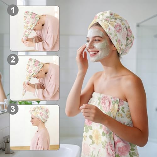 Absorbent Bath Towel Wrap Set (32x 60 in), Vintage Flower Towel Wrap - Image 6