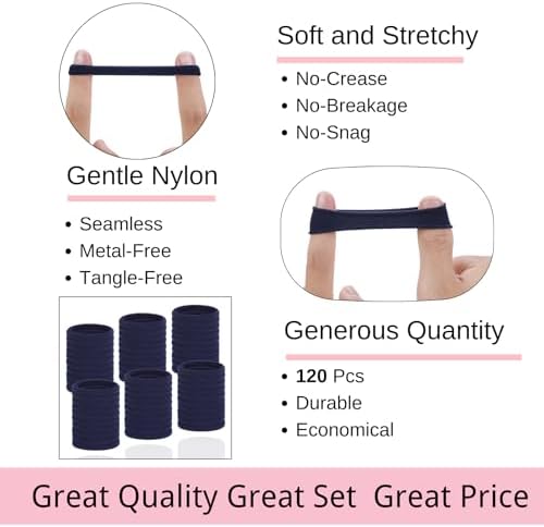 LuSeren 120 Pcs Navy Hair Ties for Women, No Damage Soft Seamless Nylon Hair Elastics for Thick Hair, Ponytail Holders, Solid Navy Hair Accessories - Image 3