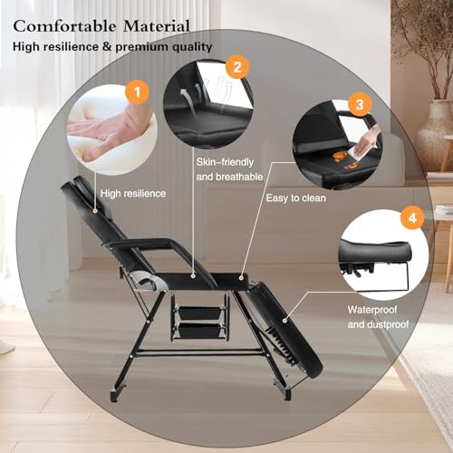 Facial Chair,73″ Tattoo Chair for Client,3-Section Adjustable Massage Table with Stool,Multipurpose Beauty Beds Salon Equipment for Esthetician,Tattooshop,Spa (Black) - Image 6