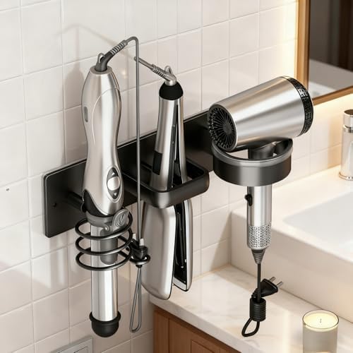 Hair Dryer Holder Wall Mounted Blow Dryer Holder Curling Iron Holder Straightener Holder 3 in 1 Bathroom Metal Hair Tool Organizer Rack（Black） by Unknown
