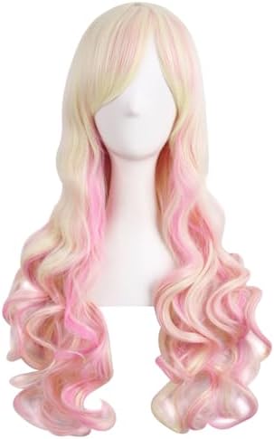 MapofBeauty Lolita Long Curly Clip on Ponytails Cosplay Wig, Blonde/Pink - Image 4