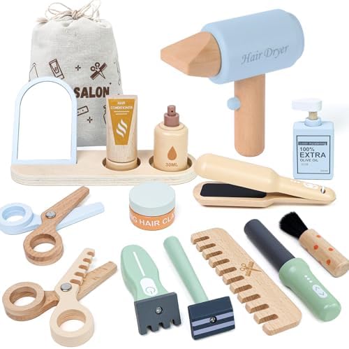 FIIOEOY Wooden Barber Shop Pretend Play Set, Kids Hair Salon Toys Shaving Kit with Blow Dryer, Comb, Shaver, Haircut Role Play Barber Accessories Gift for 3 4 5 Year Olds Boys Girls by FIIOEOY