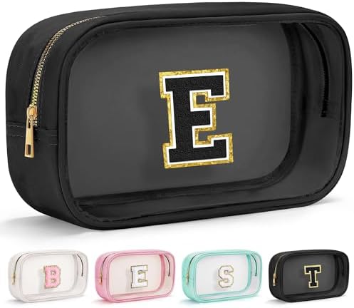 YOOLIFE Initial Make Up Bag Travel Toiletry Bag for Women, Clear Makeup Bag Organizer Cosmetic Bags Travel Essentials Gifts for Women Teen Girlfriend Teacher Mom Birthday Mothers Day Gifts Black E by YOOLIFE